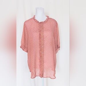 Pleione Anthropologie Sz Large Short Sleeve Polka Dot Print Ruffle Trim Blouse
